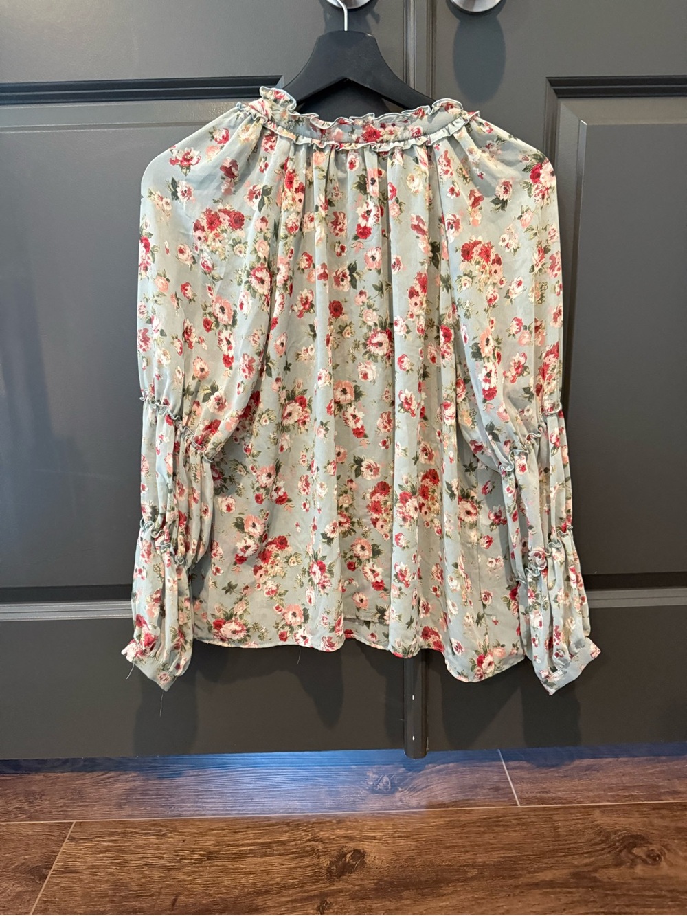 Zara Floral Ruffle-Neck Blouse - Sage Green with Pink Roses